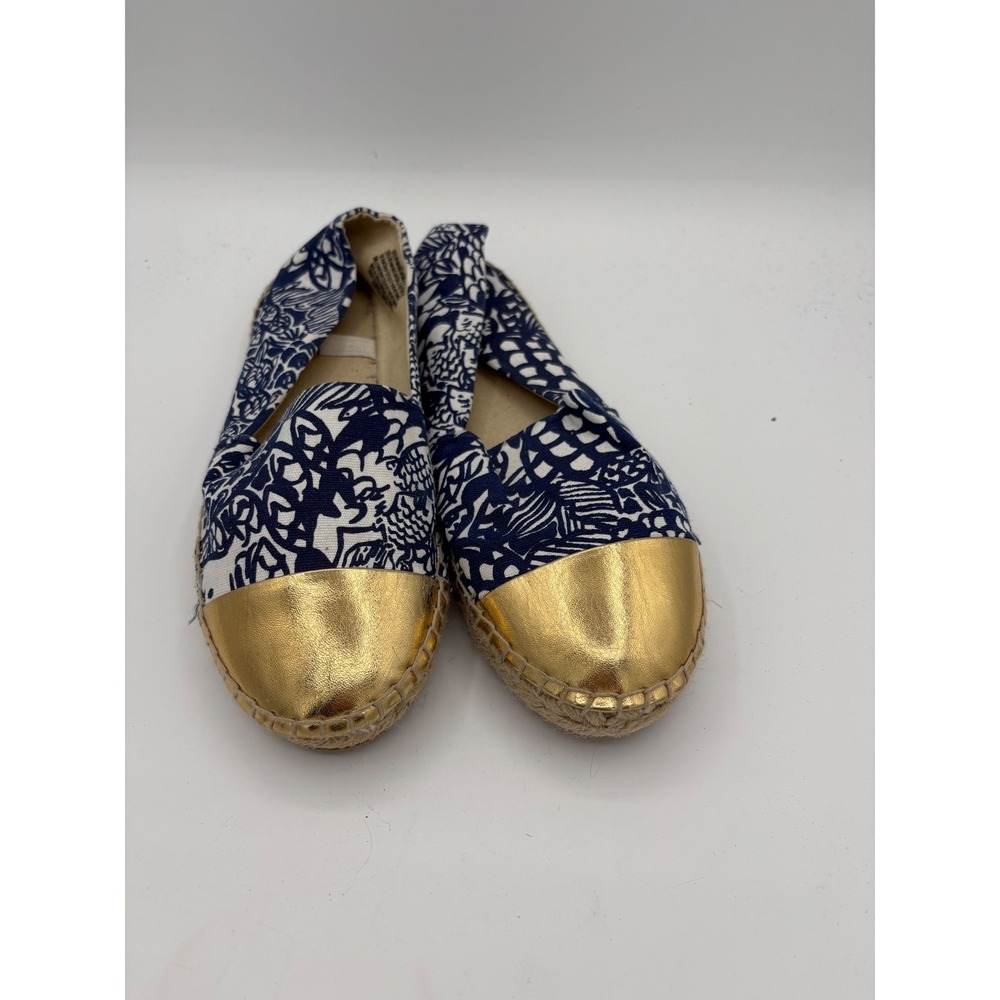 Lilly Pulitzer Target Nosy Posey Blue White Gold Cap Toe Espadrille Flats 10